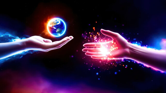 Two hands holding a glowing orb that is surrounded by a blue and red swirl