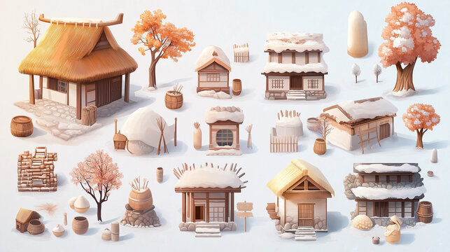 A collection of charming, snow-covered houses and other objects, perfect for a game asset pack.