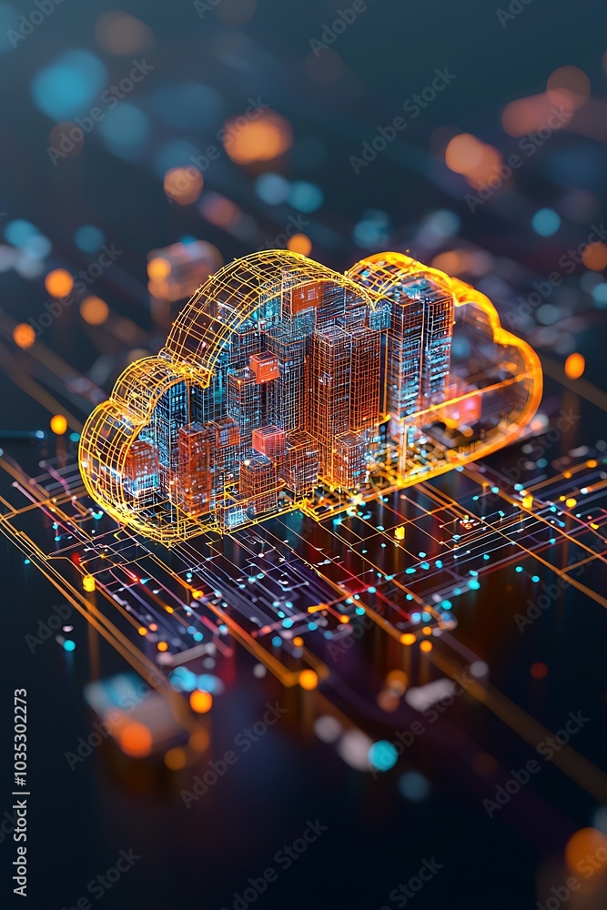 Poster this image features a digital cloud concept illuminated with vibrant colors, symbolizing data connec