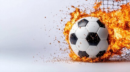 Naklejka premium A photostock images of a soccer ball hitting the net with fire, isolated on white background, High Quality