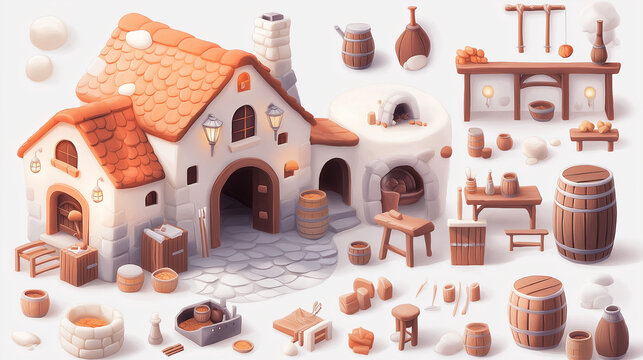A collection of 3D game assets for a bakery, featuring a building, furniture, barrels, and other items.
