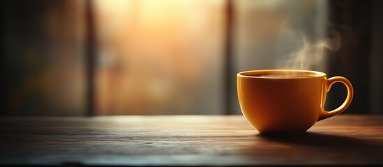 Fototapeta premium A lone coffee cup sits on a wooden table, steam rising softly, set against a muted backdrop, exuding warmth, Perfect For Advertising