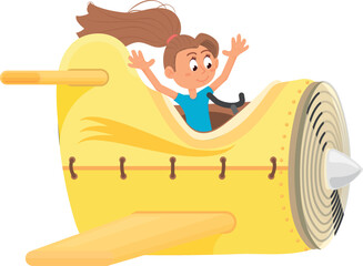 Cartoon girl on airplane. Happy kid flight joy