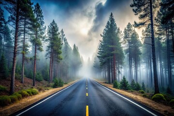 Fototapeta premium Deserted road scene with fog and pine trees