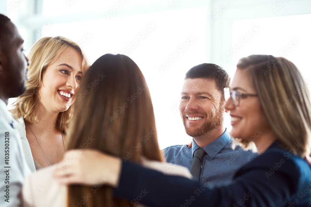 Poster Business, people and happy with hug in circle at office for team building, collaboration or unity. Employees, huddle and diversity with smile or satisfied for solidarity, support or trust for project