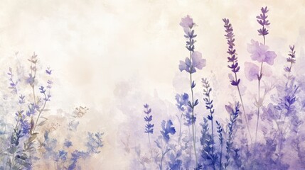 Obraz premium A serene watercolor floral landscape featuring delicate lavender and other soft blooms in shades of purple against a light background.