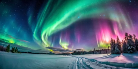 Aurora Borealis Dancing Over Snowy Landscape, Green and Pink Lights, Winter Forest, Night Sky, Northern Lights, Aurora, Landscape