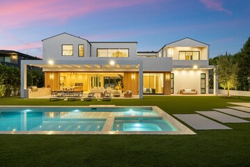 Modern luxury home with pool at sunset.