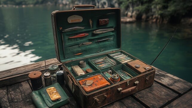Vintage fishing tackle box with lures and tools on a wooden dock by the lake, perfect for outdoor and hobby enthusiasts.