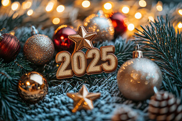Sparkling New Year 2025 decorations with festive ornaments and pine