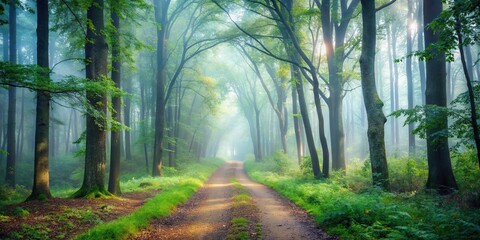 Fototapeta premium Ethereal morning mist covering forest path with trees