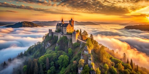 Fototapeta premium Castle Above the Clouds at Sunrise, Aerial View, castle, mountains, clouds, golden light,