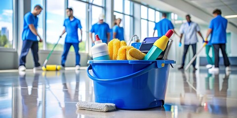 Cleaning Supplies Bucket with Blurred Janitorial Staff in Background, Cleaning, Janitorial