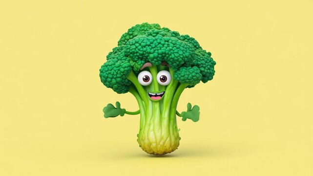 happy animated broccoli moves its arms and smiles, creating a fun and cheerful vibe