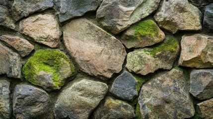 Fototapeta premium A textured stone wall featuring various shapes and sizes of rocks, with green moss adding a natural touch.