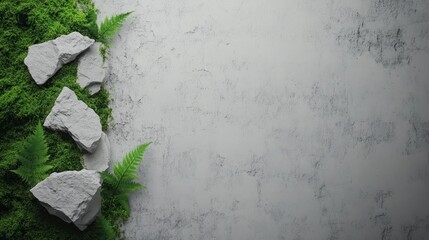 A serene, natural composition featuring rocks, green moss, and ferns against a textured, neutral background, ideal for wellness or eco-themed designs.