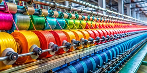 Colorful Spools of Thread Winding on a Machine, Textile Industry, Thread Manufacturing Textile Industry, Thread Manufacturing