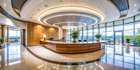Curved Reception Desk with Modern Lighting and City View, Interior Design , Reception Area