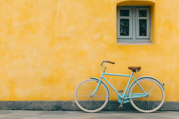 Fototapeta premium A vintage blue bicycle stands against a bright yellow wall near a window in an urban area during daytime. Generative AI