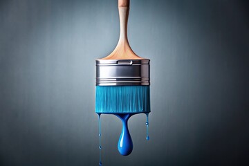 A single tear of blue pigment drips from a paintbrush into a container on a grey-blue background, creative mishap, liquid art, color bleeding