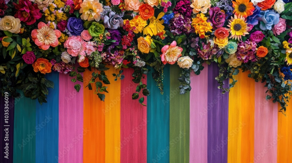 Poster a vibrant backdrop with an upper section filled with colorful artificial flowers and a lower section