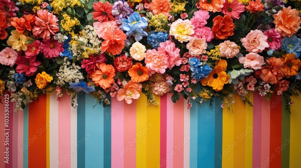 Poster a vibrant backdrop with an upper section filled with colorful artificial flowers and a lower section