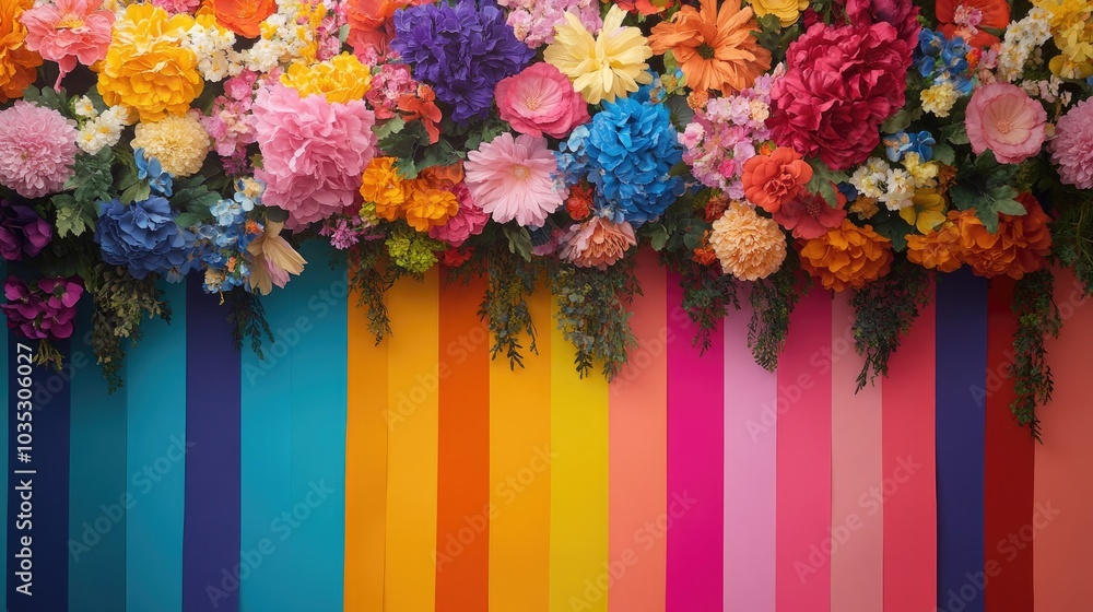 Poster a vibrant backdrop with an upper section filled with colorful artificial flowers and a lower section