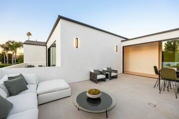 Modern rooftop patio with white sofas and palm trees.
