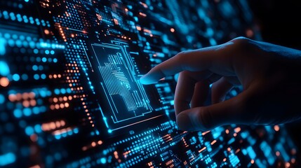 Obraz premium Artificial intelligence (AI) with machine deep learning and data mining and another modern computer technologies UI by hand touching CPU icon. 