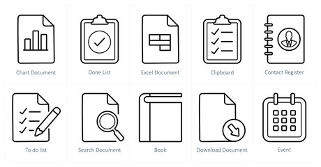 A set of 10 ui icons as chart document, done list, excel document