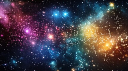 Naklejka premium A galaxy filled with vibrant colors, showcasing mathematical and physical formulas that shine among the stars, symbolizing the fusion of science and the universe's mysteries.