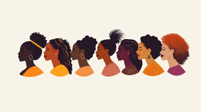 A group of women diverse in ethnicity and skin color, vector flat illustration, vibrant and inclusive, capturing unity and diversity
