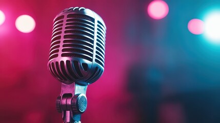 A vintage-style microphone on stage surrounded by colorful vibrant lights, capturing the lively essence of performances and artistic expression.