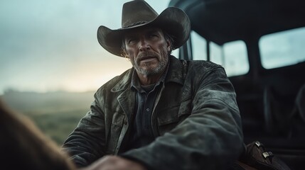 A rugged cowboy, dressed in worn attire, braves the stormy landscape, embodying resilience and grit as he faces the challenges of the untamed frontier.