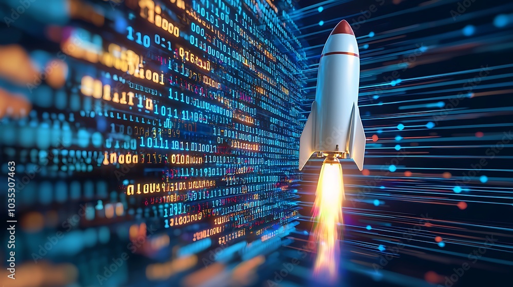Aufkleber a striking image of a rocket launching through a digital data stream, symbolizing innovation and tec