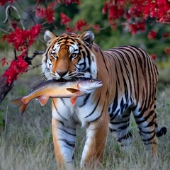 Fototapeta premium A full grown tiger holding a large fish in it's mouth