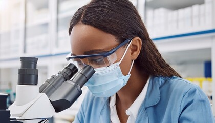Focused Scientist:  A dedicated female scientist meticulously examines samples under a microscope in a modern laboratory setting.