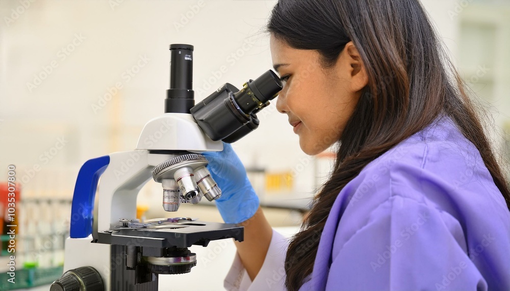 Poster scientist using microscope in lab