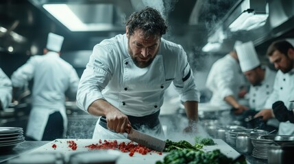 A chef intensely chops red peppers and leafy greens in a busy kitchen setting, his focused expression reflecting culinary passion and meticulous skill in cooking.