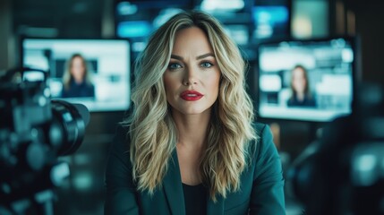 A poised woman with cascading blonde hair and captivating gaze, seated in a studio filled with screens, displaying elegance and media expertise.
