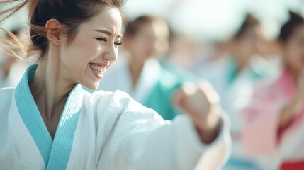 In a bright outdoor setting, a martial artist wearing a white and blue gi beams with happiness and confidence, surrounded by fellow practitioners in the background.