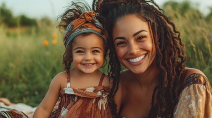 Fototapeta premium A joyful portrait of a smiling mother and daughter duo in a grassy field adorned with matching styled clothing, exuding warmth and happiness in natural surroundings.