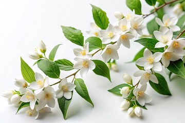 Obraz premium Flowering jasmine branches with flowers and leaves isolated on white background