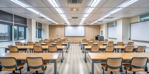 Modern Classroom Interior Design with Wooden Desks and Chairs, Projector Screen, and Whiteboard, classroom, school
