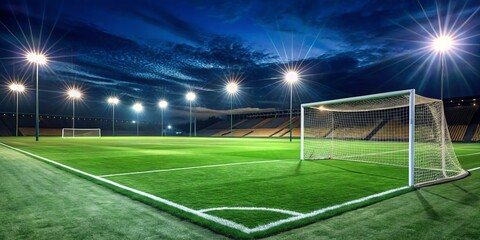 Fototapeta premium Night Football Field with Goal Under Floodlights, football, soccer