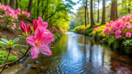 Forced perspective beautiful flower azalea blooming spring stream