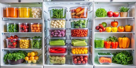 Organized Fridge with Fresh Produce, Storage Containers, and Glass Jars, healthy food ,storage