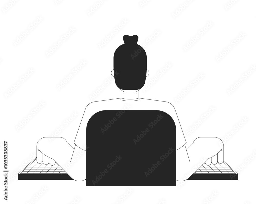 Poster back view man typing computer keyboard black and white 2d line character. caucasian male programmer 