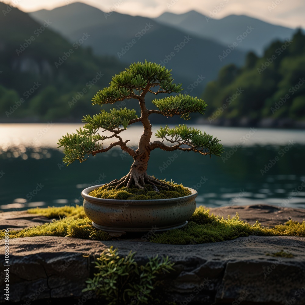 Aufkleber a bonsai tree sits on a rock ledge overlooking a tranquil lake with a mountain range in the backgrou