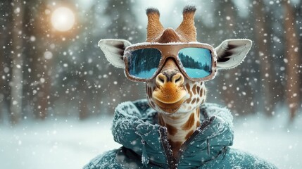 Fototapeta premium Against a snowy backdrop, a whimsical giraffe dons stylish sunglasses and a cozy jacket, creating a humorous juxtaposition of wildlife and fashion statement.
